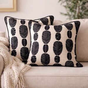 Set of 2 Black and Cream Leaf Embroidery Throw Pillows Cover